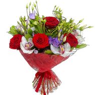 Букет з орхідеями і еустомама