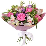 Букет з орхідей, еустом, троянд і альстромерій