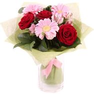 Букет з гербер, троянд і альстромерій