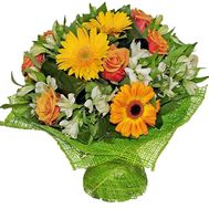 Оранжево-білий букет з троянд, гербер та альстромерій