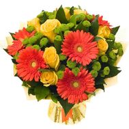 Букет з гербер, троянд і зелених хризантем