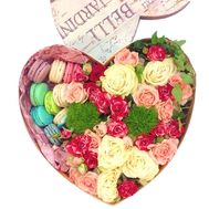 Flowers and macaroons in the box heart