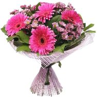 Рожеві гербери і хризантеми в букеті