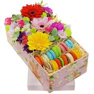 Яркая коробка цветов с макарунами