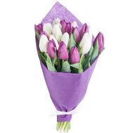 Bouquet of white and purple tulips