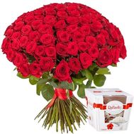 101 красная роза + конфеты Raffaello