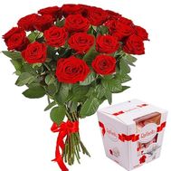 Bouquet of red roses and Raffaello candies