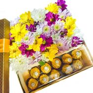 Chrysanthemums and Ferrero in a box