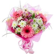 Букет квітів з гербер, хризантем і альстромерій