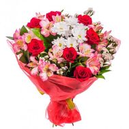 Букет з троянд, альстромерій і хризантем