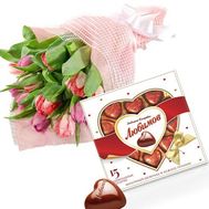 Bouquet of 15 tulips and candy