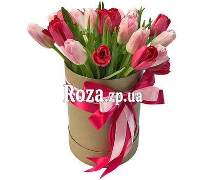 Red and pink tulips in a box