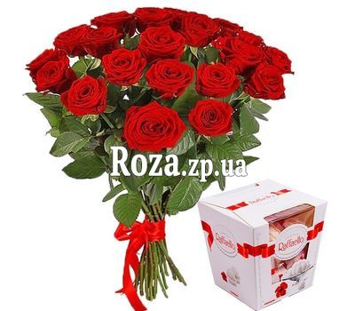 Bouquet of red roses and Raffaello candies
