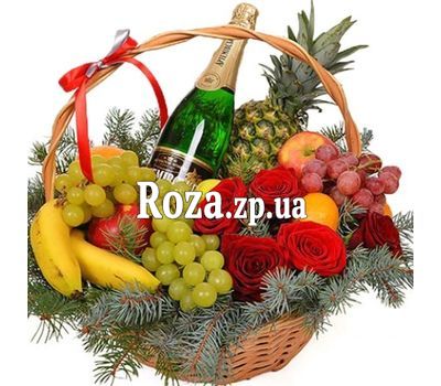 Basket of fruit, champagne and flowers Basket of fruit, champagne and flowers