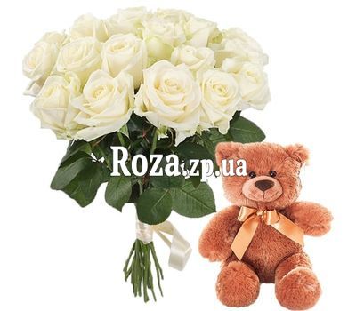 Teddy Bear and bouquet of white roses