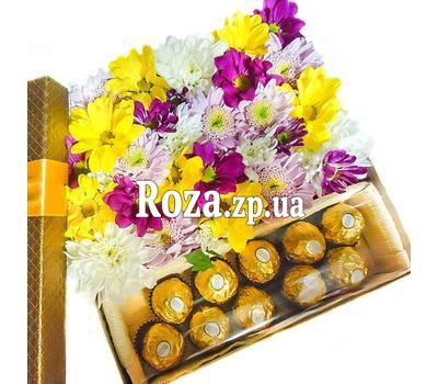 Chrysanthemums and Ferrero in a box Chrysanthemums and Ferrero in a box