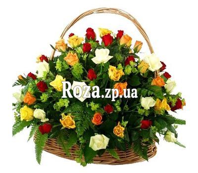 Basket of flowers from 55 multi-colored roses Basket of flowers from 55 multi-colored roses