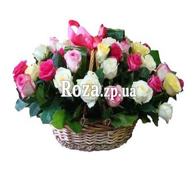 Basket of flowers from 35 multi-colored roses